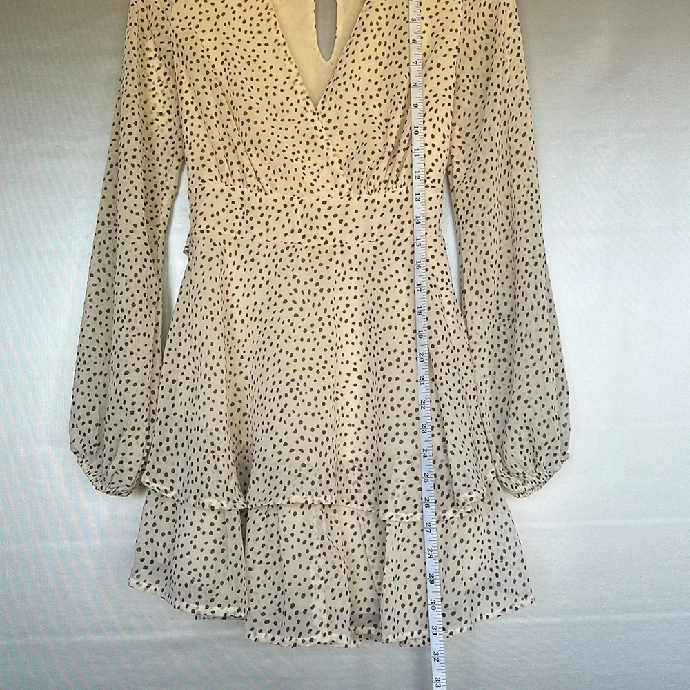 Japna Long Sleeve V-neck Polka Dot Frilly Tan &Brown Dress Size XS Tie back
